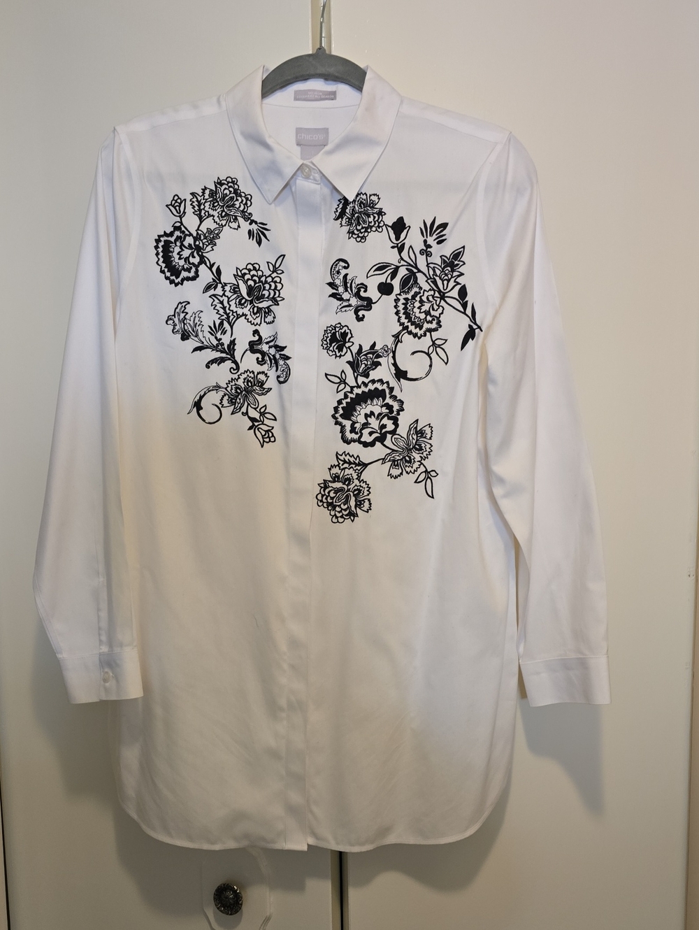 Chico's White Button-Down Blouse with Black Floral Motif